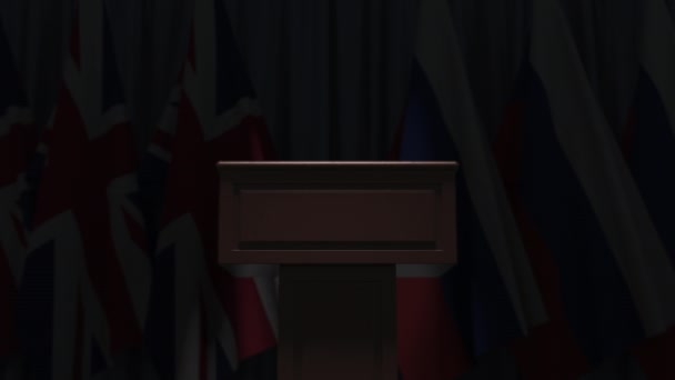 Bandeiras da Rússia e do Reino Unido e tribuno, animação 3D — Vídeo de Stock