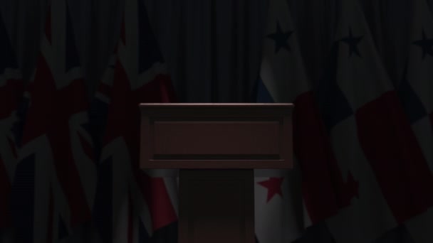 Panama ve Birleşik Krallık bayrak sırası ve konuşmacı tribünü, kavramsal 3d animasyon — Stok video