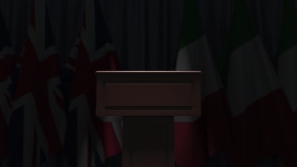Bandeiras da Itália e do Reino Unido em encontro internacional, animação 3D — Vídeo de Stock