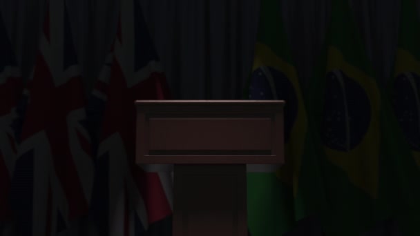 Many flags of Brazil and the United Kingdom behind speaker tribune, 3D animation — Stock Video