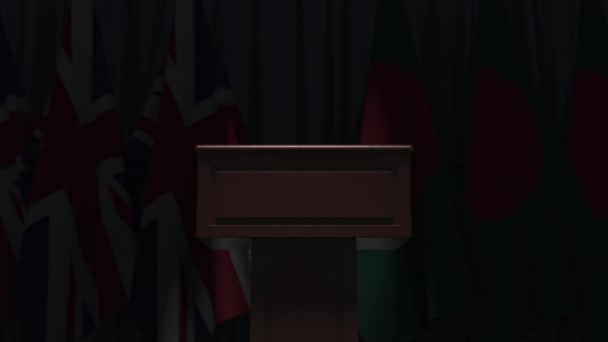 Flags of Bangladesh and the United Kingdom at international meeting, 3D animation — Stock Video