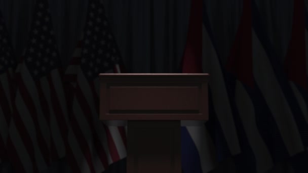 Bandiere di Cuba e degli Stati Uniti e tribuna, animazione 3D — Video Stock