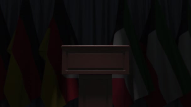 Flagi Kuwejtu i Niemiec na spotkaniu międzynarodowym, animacja 3D — Wideo stockowe