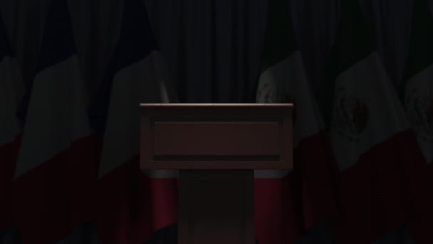 Many flags of Mexico and France behind speaker tribune, 3D animation — Stock Video