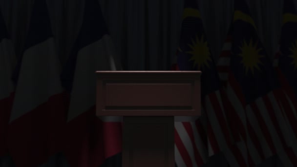 Bandeiras da Malásia e França e tribuno, animação 3D — Vídeo de Stock