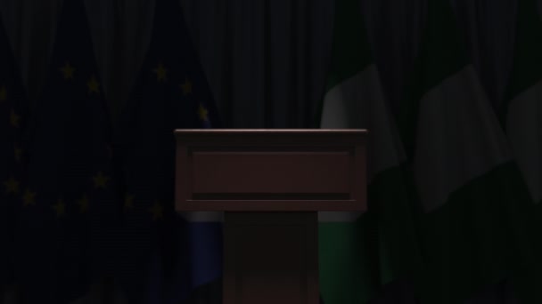 Banderas de Nigeria y la Unión Europea y tribuna, animación 3D — Vídeos de Stock