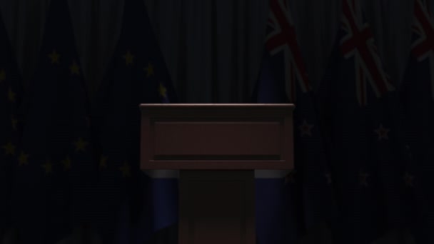 Many flags of New Zealand and the European Union EU, 3D animation — Stock Video
