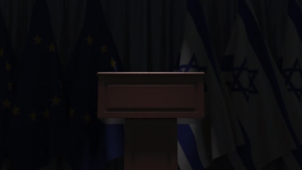 Flags of Israel and the European Union at international meeting, 3D animation — Stock Video
