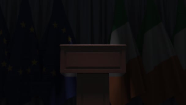 Flags of Ireland and the European Union at international meeting, 3D animation — Stock Video