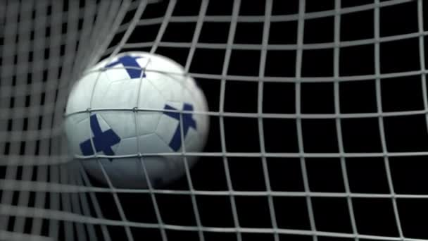 Bola com bandeiras da Finlândia atinge gol. Animação 3D — Vídeo de Stock