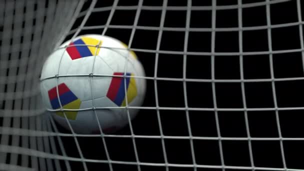 Μπάλα με σημαίες της Κολομβίας χτυπά γκολ. 3d κινούμενα σχέδια — Αρχείο Βίντεο