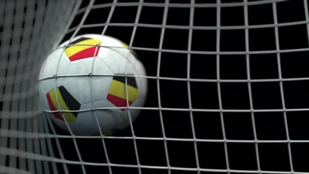 Bola con banderas de Bélgica golpea el gol. Animación 3D — Vídeos de Stock