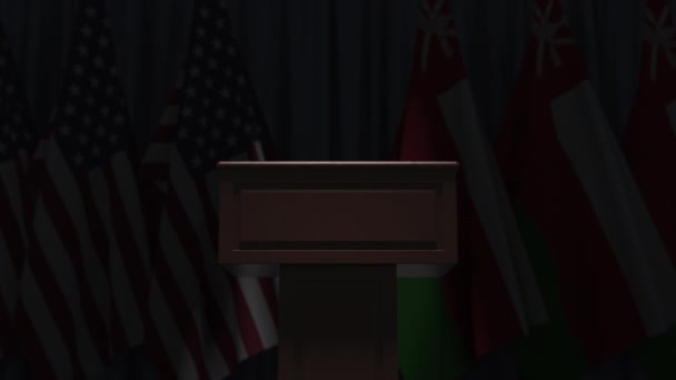 Bandiere dell'Oman e degli Stati Uniti all'incontro internazionale, animazione 3D — Video Stock