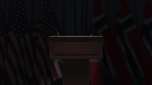 Banderas de Noruega y los EE.UU. en el encuentro internacional, animación 3D — Vídeo de stock