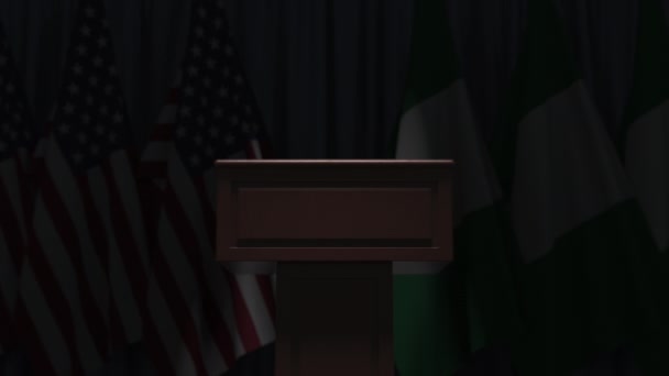 Vlaggen van Nigeria en de Usa en tribune, 3d animatie — Stockvideo