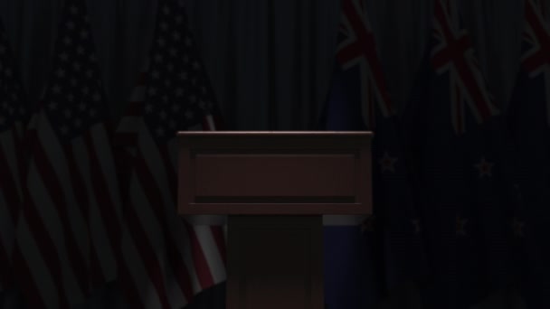 Viele Flaggen von Neuseeland und den USA, 3D-Animation — Stockvideo