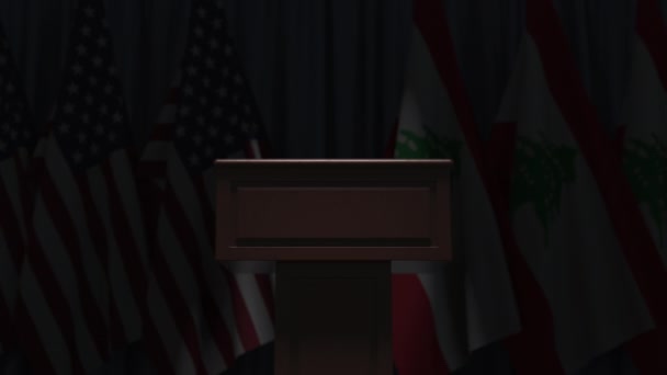 Many flags of Lebanon and the USA behind speaker tribune, 3D animation — Stock Video