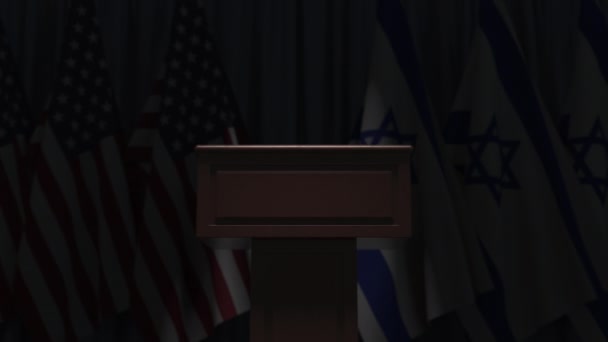 国際会議でイスラエルとアメリカの旗、 3Dアニメーション — ストック動画