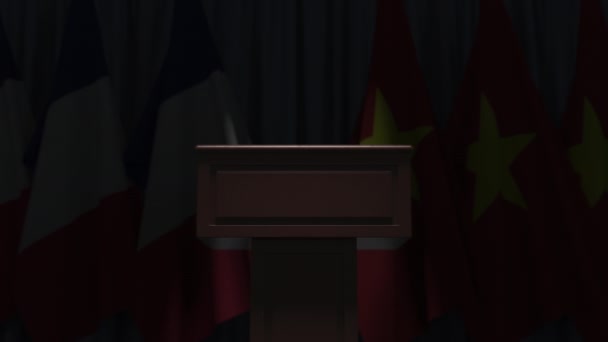 Flaggor i Vietnam och Frankrike vid internationellt möte, 3D-animation — Stockvideo