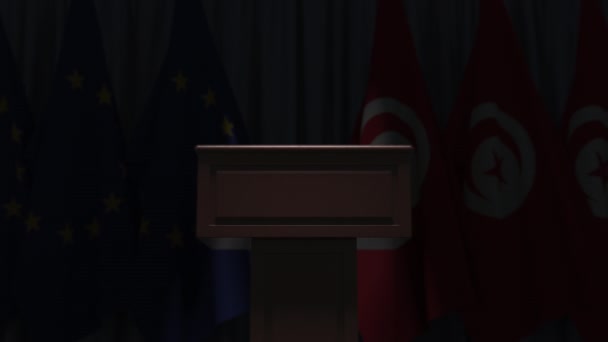 Många flaggor i Tunisien och Europeiska unionen Europa, 3D-animation — Stockvideo