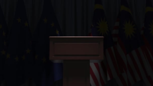 Флаги Малайзии и Европейского Союза и трибуны, 3D анимация — стоковое видео