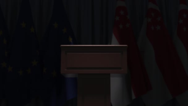 Många flaggor i Singapore och Europeiska unionen Europa, 3D-animation — Stockvideo