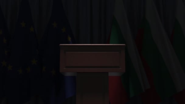 Fila de bandeiras da Bulgária e da União Europeia UE e tribuno orador, animação 3D conceitual — Vídeo de Stock
