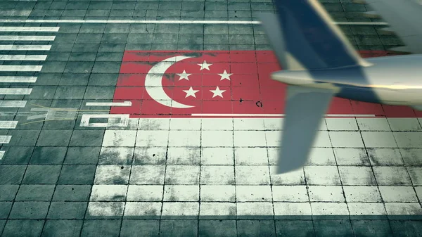 Légi felvétel egy leszálló repülőgépről, amely Szingapúr zászlaját fedi fel egy repülőtér repülőterén. Légiközlekedéssel kapcsolatos koncepció 3d tetemeltakarítás — Stock Fotó
