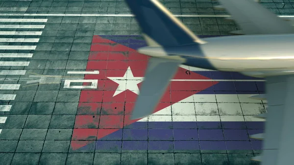 Vue aérienne d'un avion d'atterrissage révélant le drapeau de Cuba sur l'aérodrome d'un aéroport. Rendu 3D conceptuel lié au transport aérien — Photo