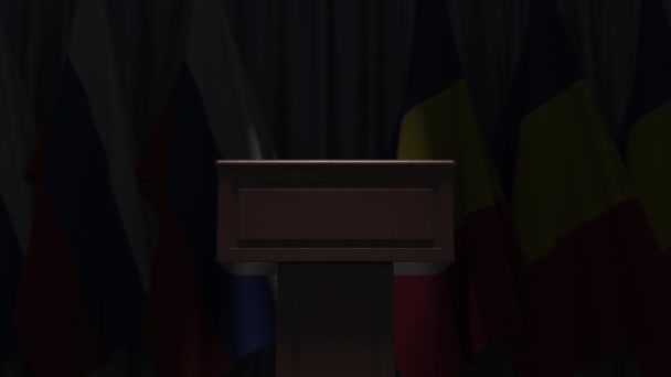Banderas de Rumania y Rusia en el encuentro internacional, animación 3D — Vídeo de stock