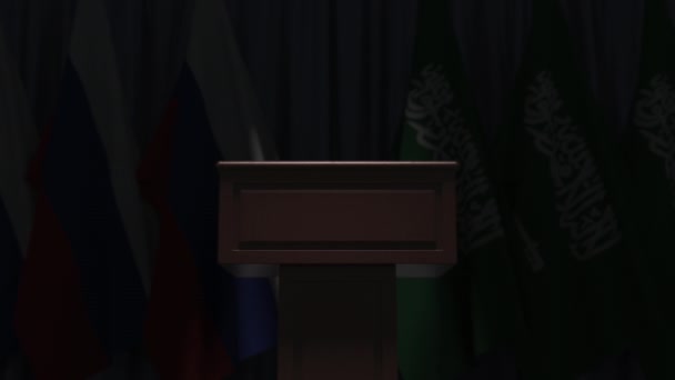 Bandeiras da Arábia Saudita e Rússia em encontro internacional, animação 3D — Vídeo de Stock