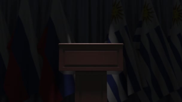 Bandeiras de Uruguai e Rússia e tribuno, animação 3D — Vídeo de Stock