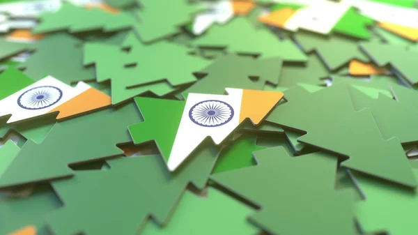 Detalhes da bandeira da Índia nas árvores de Natal de papelão. Férias de inverno relacionados renderização 3D — Fotografia de Stock
