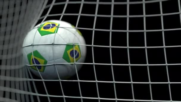 Ball with flags of Brazil hits goal. 3D animation — Stock Video