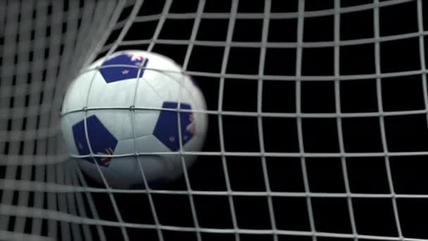 Ball mit Fahnen von Neuseeland im Tor vor schwarzem Hintergrund. konzeptionelle 3D-Animation — Stockvideo