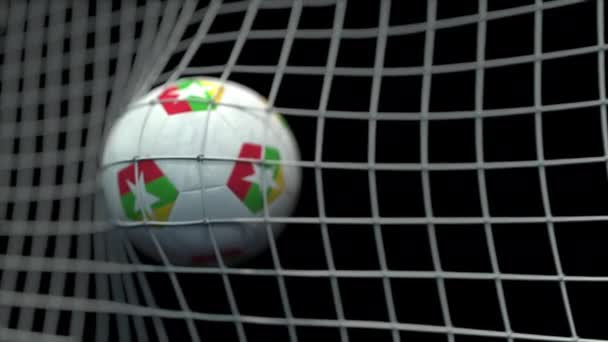 Ball with flags of Myanmar hits goal. 3D animation — Stock Video