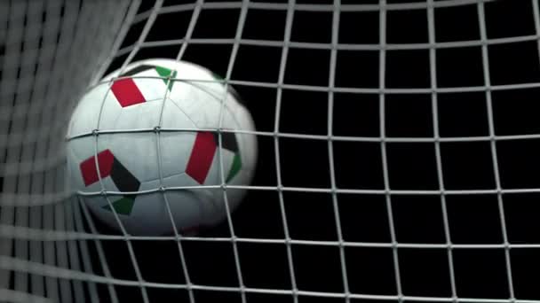 Bola con banderas de Kuwait en gol contra fondo negro. Animación 3D conceptual — Vídeo de stock