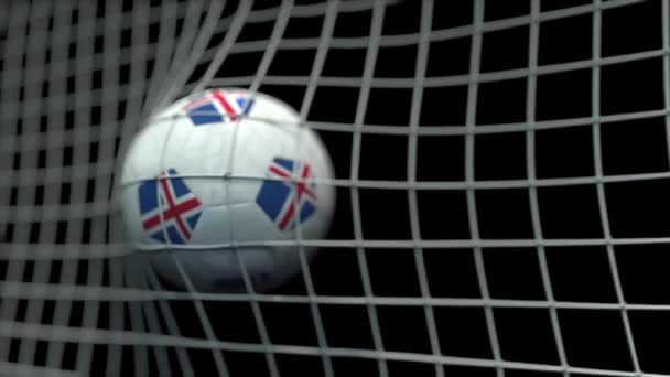 Bola con banderas de Islandia golpea gol. Animación 3D — Vídeo de stock