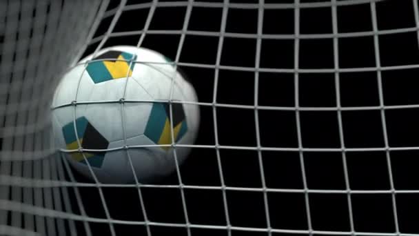 Bola con banderas de Bahamas golpea gol. Animación 3D — Vídeos de Stock