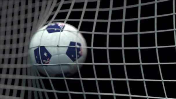 Μπάλα με σημαίες της Αυστραλίας χτυπά γκολ. 3d κινούμενα σχέδια — Αρχείο Βίντεο