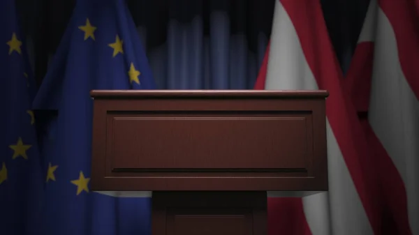 Wiele flag Austrii i Eu za głośnik trybuny, 3d renderowania — Zdjęcie stockowe