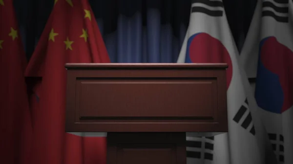 Veel vlaggen van Zuid-Korea en China, 3D-rendering — Stockfoto