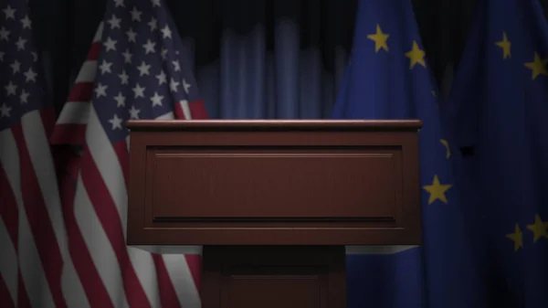 Många flaggor av Europa och USA bakom talarstolen, 3d rendering — Stockfoto