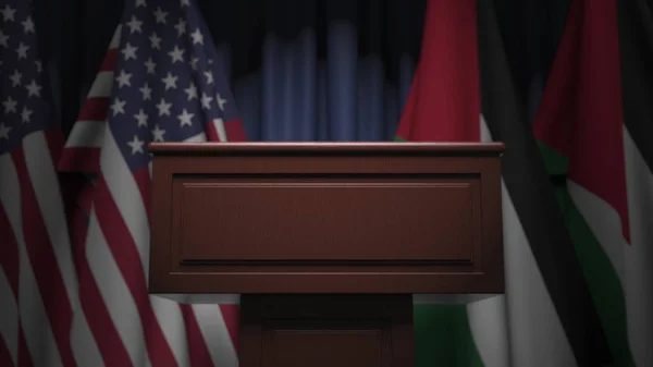 Много флагов Иордании и США за трибунами, 3D-рендеринг — стоковое фото