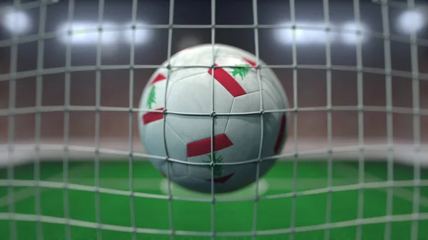 Football avec des drapeaux du Liban en filet contre le stade flou. rendu 3D conceptuel — Photo