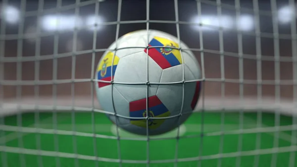 Football avec des drapeaux de l'Équateur frappe filet de but. rendu 3D — Photo