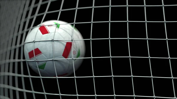 Bola com bandeiras de Irã bate gol. Renderização 3D — Fotografia de Stock