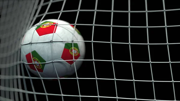 Balle avec drapeaux du Portugal dans le but sur fond noir. rendu 3D conceptuel — Photo