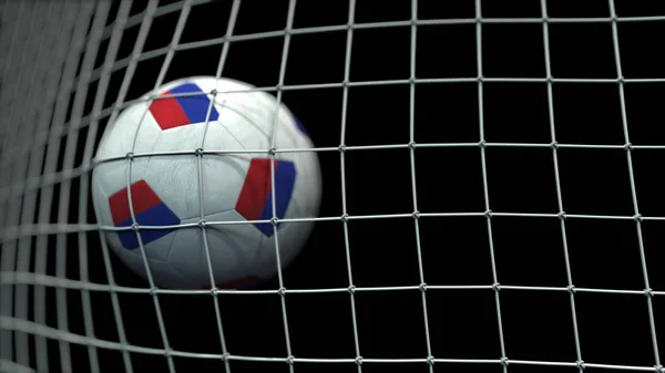 Bola com bandeiras da Rússia em gol contra fundo preto. Renderização 3D conceitual — Fotografia de Stock