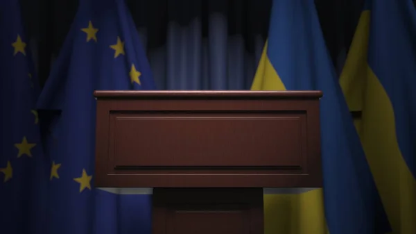 Ukrainas flaggor och Europeiska unionen vid internationella möten, 3D-rendering — Stockfoto